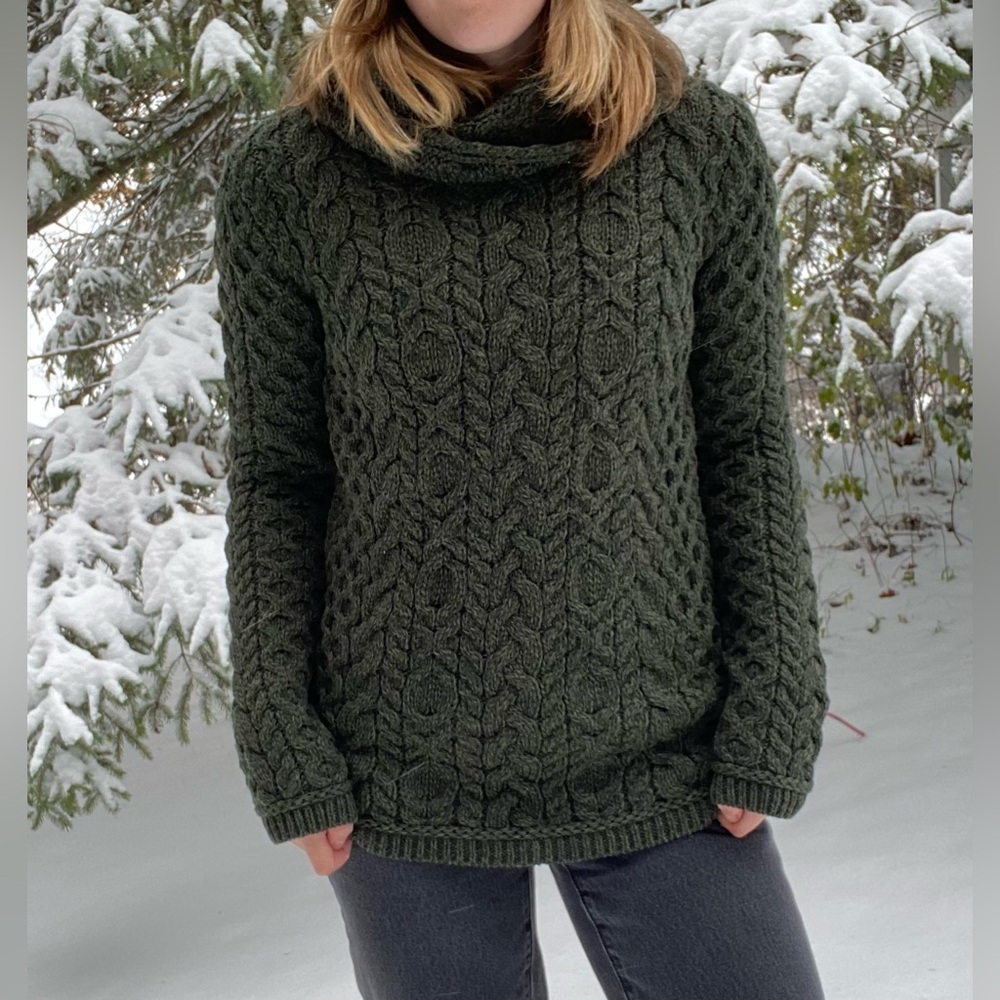 Cable Knit Cowl Neck Sweater - Olive Green